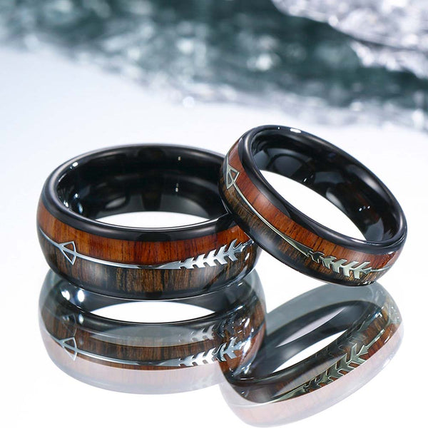 Koa Hout Wolfraam Ring Zwart 6mm/8mm - Visgraat Pijl