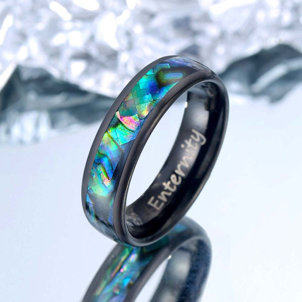 Wolfraam Ring Zwart met Parelmoer 6mm - Regenboog Wever