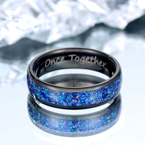 Wolfraam Ring Zwart met Opaal 6mm - Blauwe Stip Oceaan